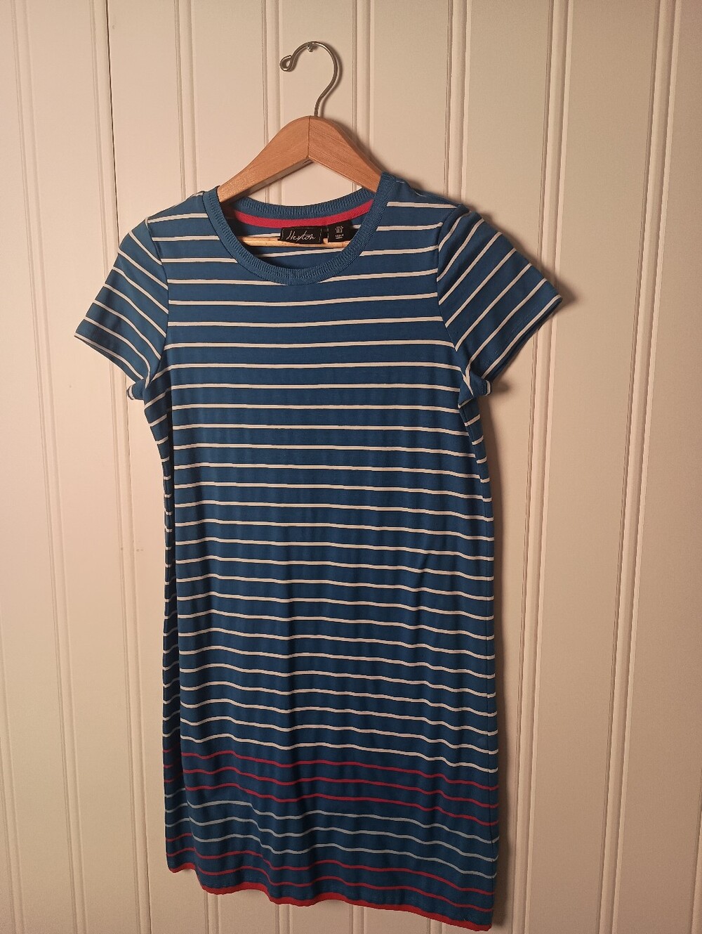 Heyton- Striped Blue Tee Dress with Red Accent- Size M